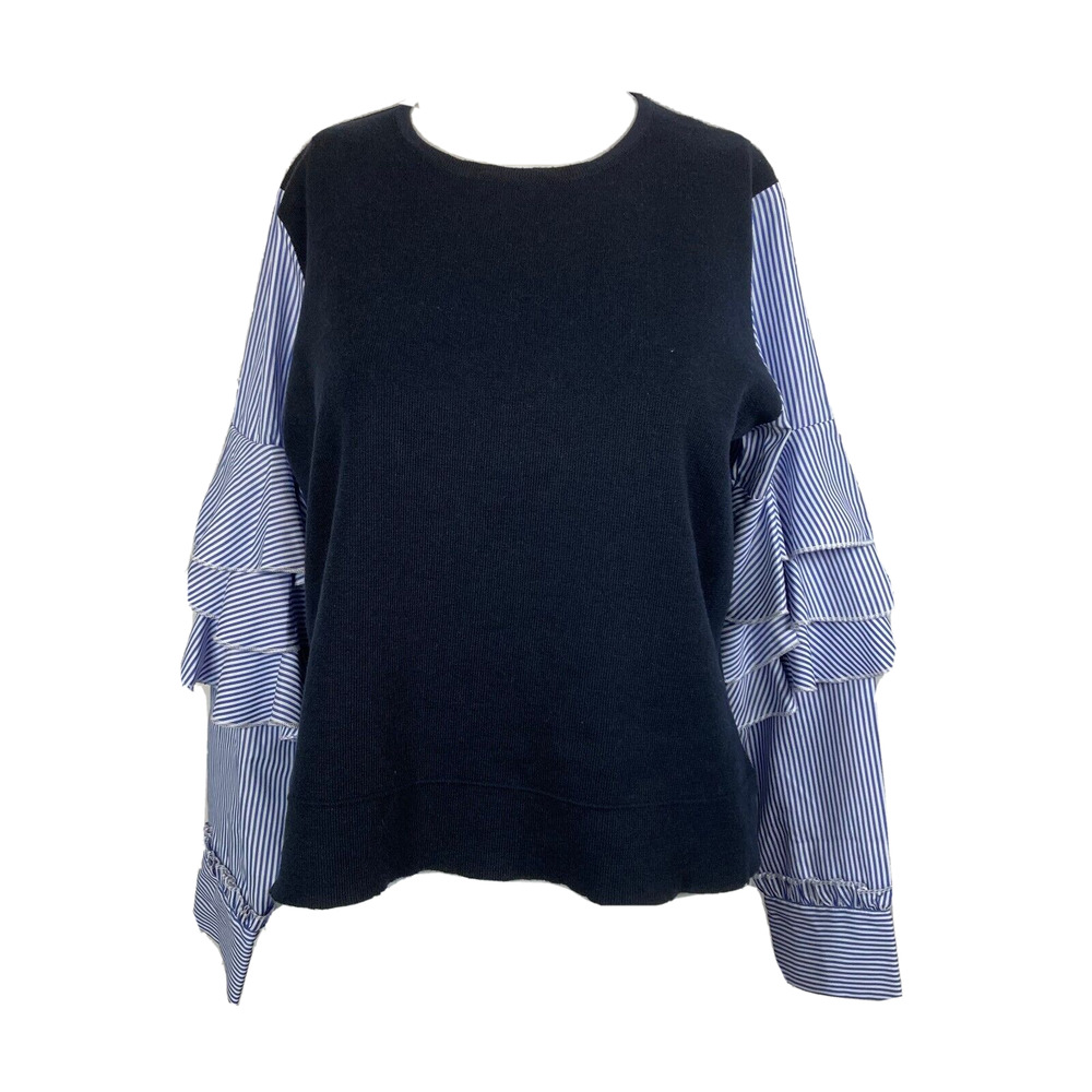 Lili Sidonio Molly Bracken Sweater Womens Sz M Blue Knit Striped Ruffle Pullover